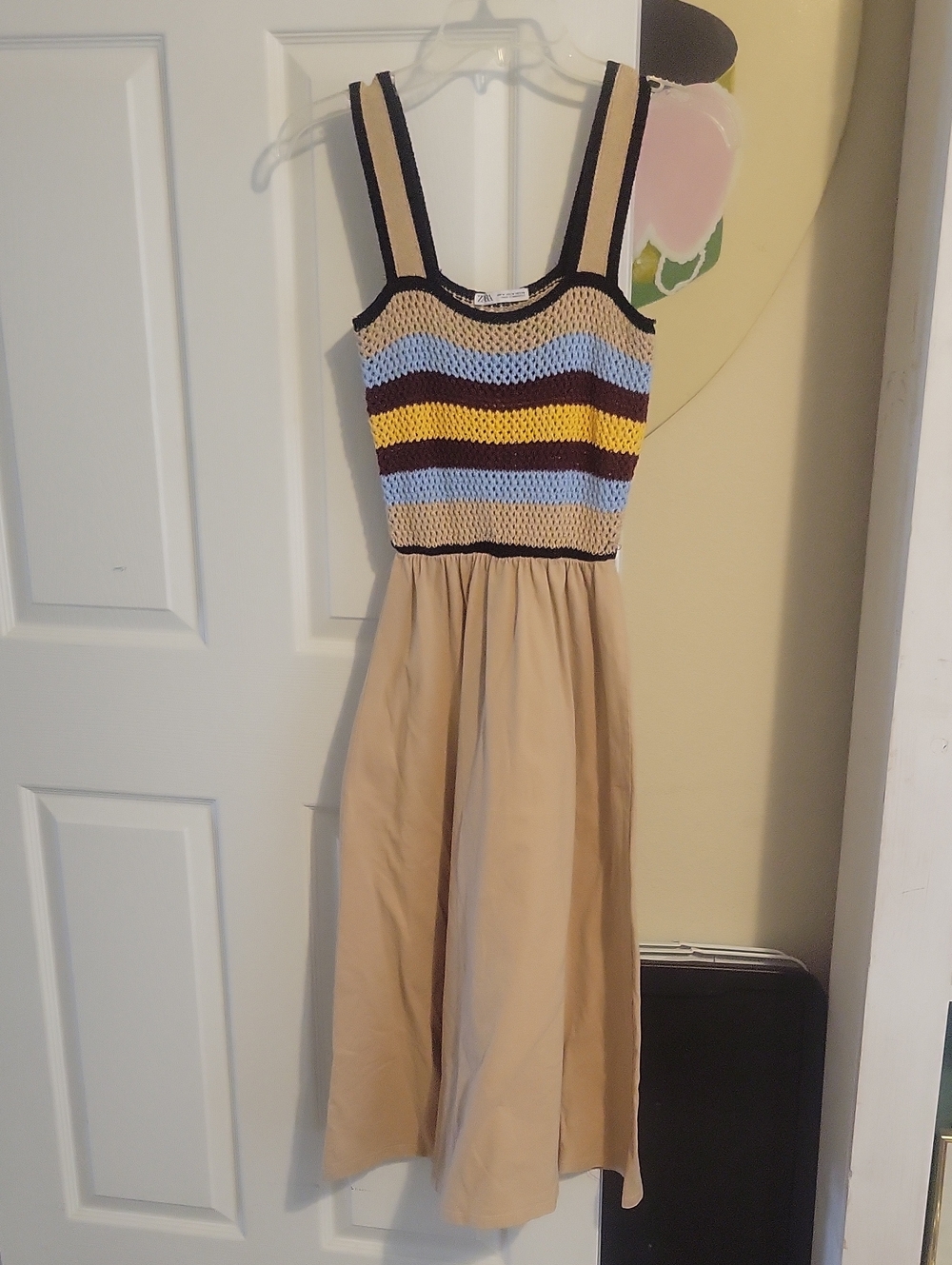 Zara Beige Midi Mid size strap Dress with Blue and Yellow Striped Knit Bodice